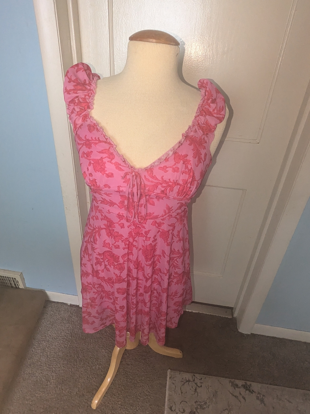 Urban Outfitters Pink Floral Ruffle-Strap Mini Dress